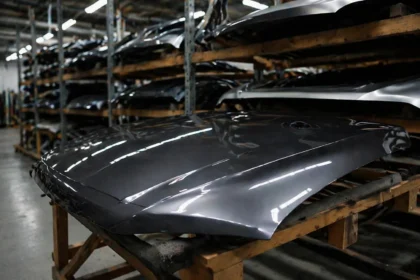 Capôs automotivos armazenados em prateleiras de distribuidora, destacando organização, qualidade e confiabilidade na compra de peças de lataria online.