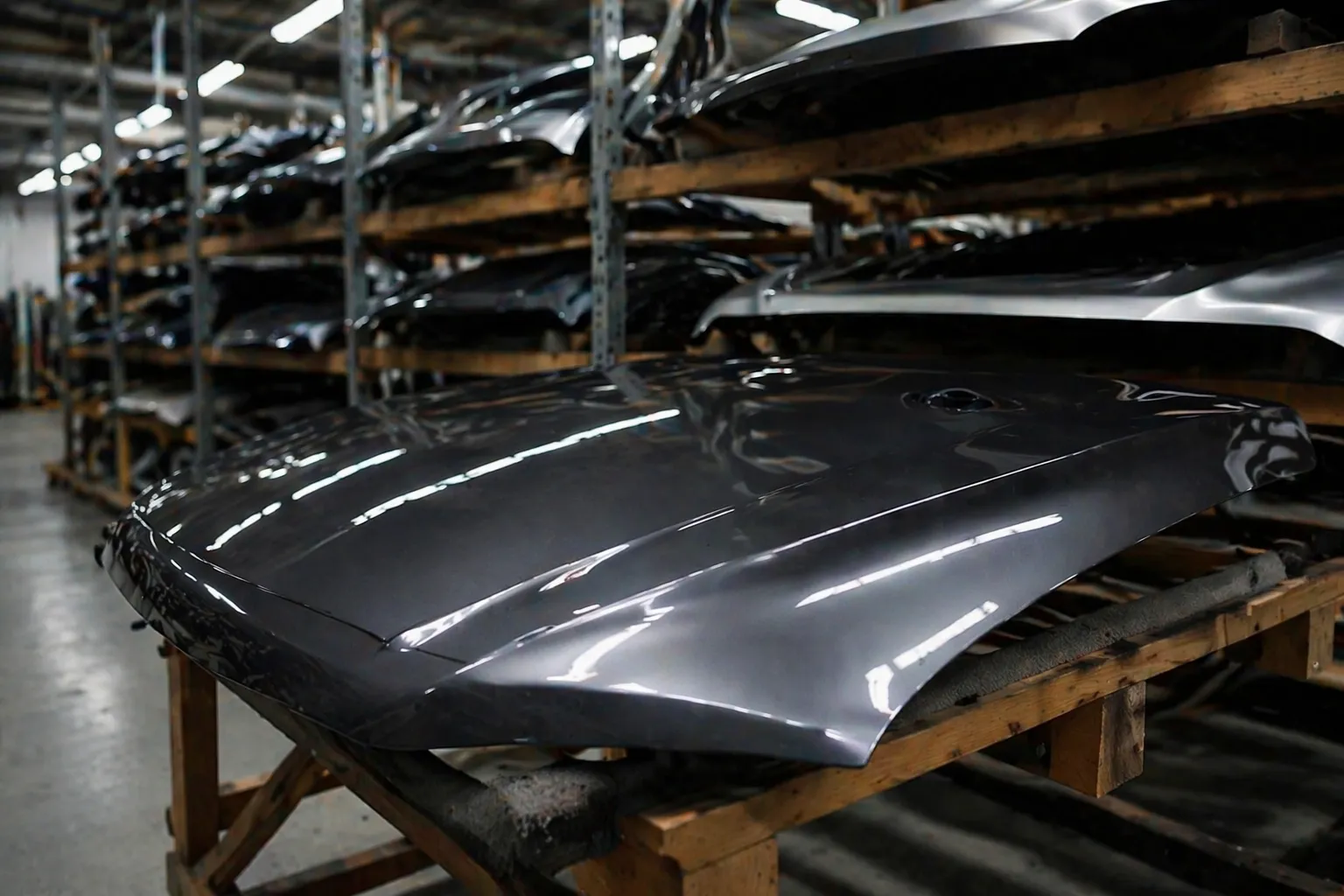 Capôs automotivos armazenados em prateleiras de distribuidora, destacando organização, qualidade e confiabilidade na compra de peças de lataria online.