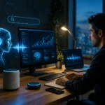 Especialista em SEO analisando dados em ambiente tecnológico com inteligência artificial e assistente de voz, representando o futuro da busca digital com IA e voice search.