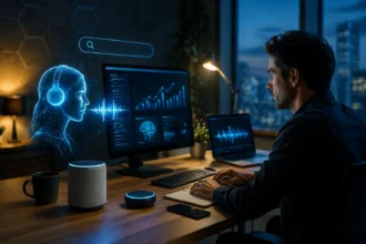 Especialista em SEO analisando dados em ambiente tecnológico com inteligência artificial e assistente de voz, representando o futuro da busca digital com IA e voice search.