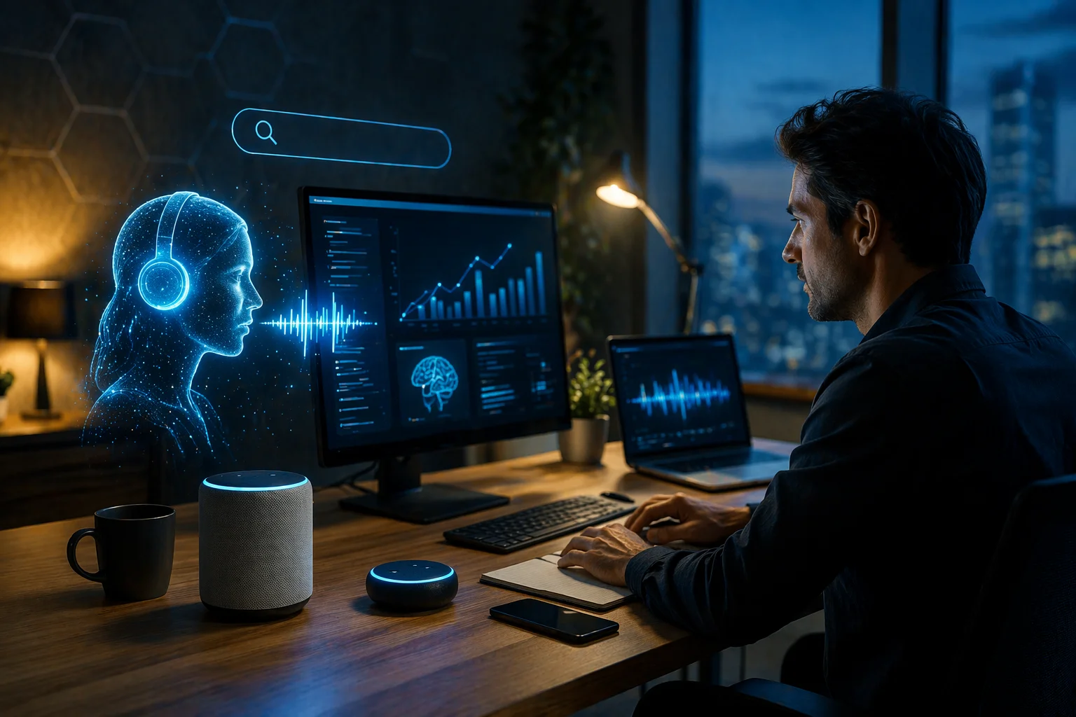 Especialista em SEO analisando dados em ambiente tecnológico com inteligência artificial e assistente de voz, representando o futuro da busca digital com IA e voice search.